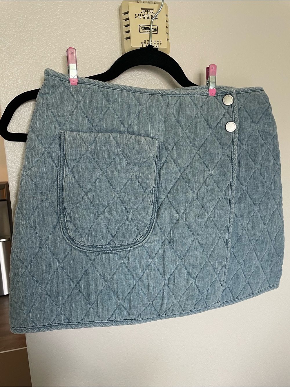 Blank NYC Quilted Light Blue Denim Mini Skirt with Front Patch Pocket